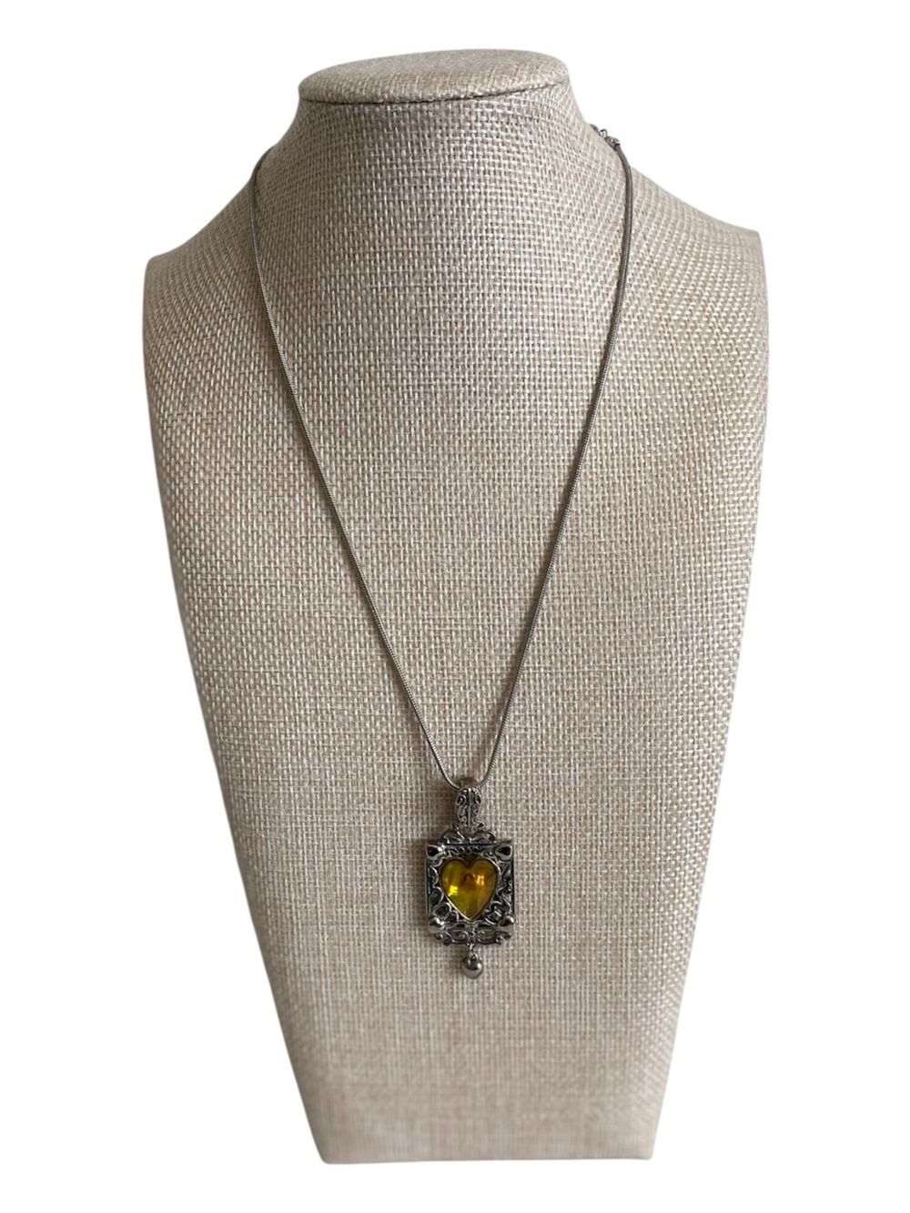 Cookie Lee Vintage-Style Silver Necklace with Yellow Opalescent Heart Pendant
